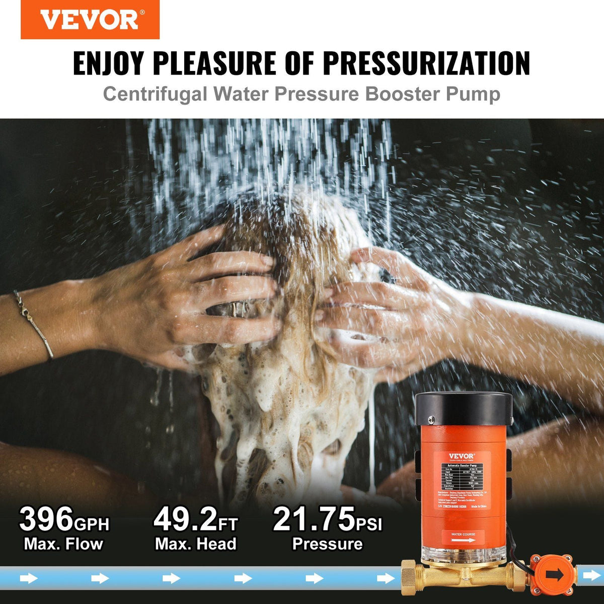 120W Water Pressure Booster Pump, 110V AC,396 GPH 21.75 PSI Household Home Automatic Pressure Booster Pump, Max Flow 25 L/min Shower Booster Pump with Water Flow Switch, for Whole House Shower