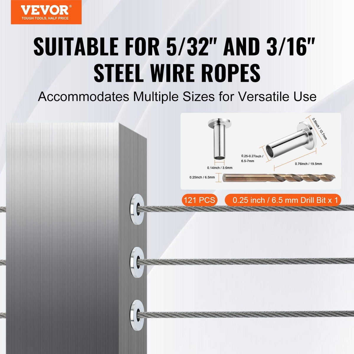 121 Pack T316 Stainless Steel Protector Sleeves for 5/32" 3/16" Wire Rope Cable Railing, DIY Balustrade T316 Marine Grade, Come with A Free Drill Bit, Silver