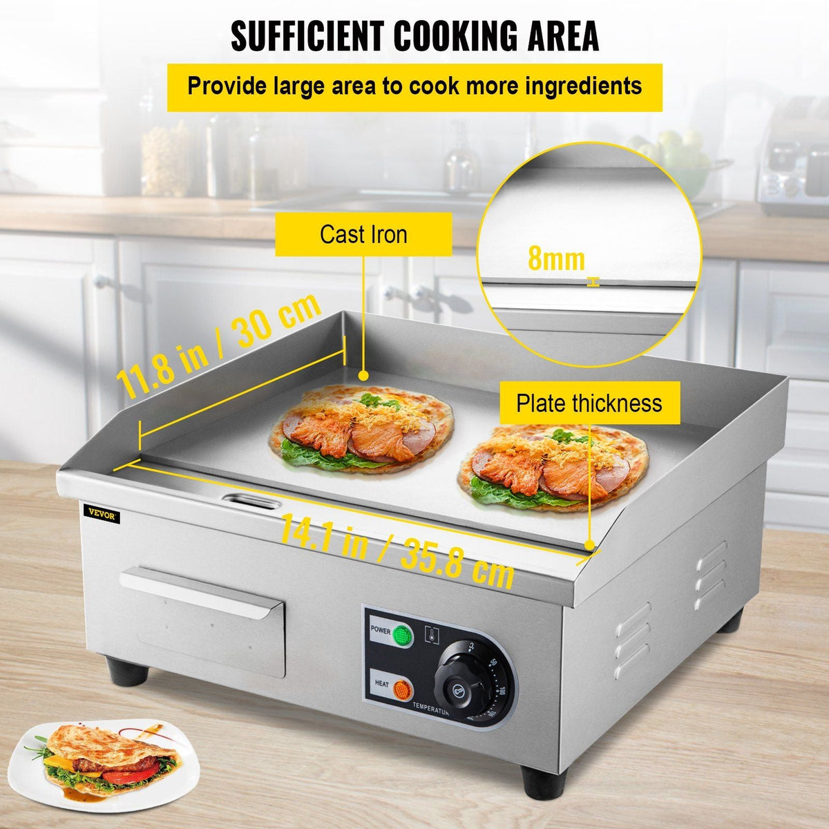 14" Electric Countertop Flat Top Griddle 110V 1500W Non-Stick Commercial Electric Griddles Restaurant Teppanyaki Grill Stainless Steel Adjustable Temperature Control 122°F-572°F, Sliver