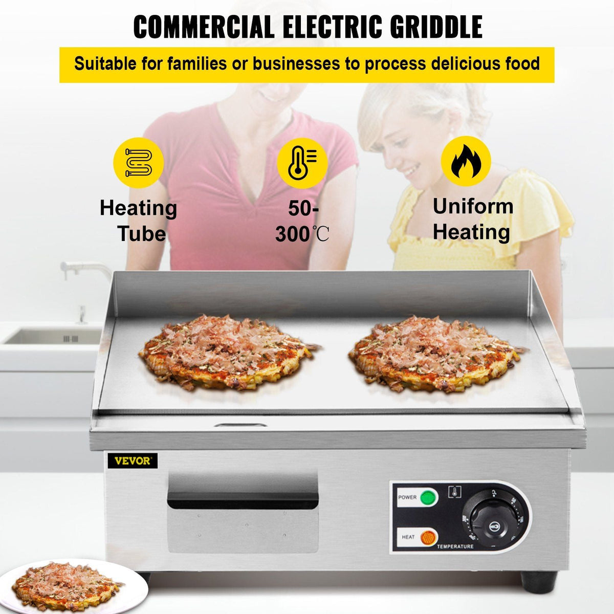 14" Electric Countertop Flat Top Griddle 110V 1500W Non-Stick Commercial Electric Griddles Restaurant Teppanyaki Grill Stainless Steel Adjustable Temperature Control 122°F-572°F, Sliver