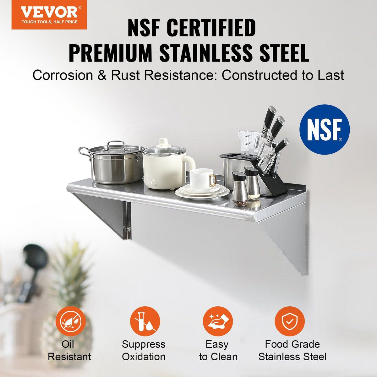 14" x 36" Stainless Steel Shelf, Wall Mounted Floating Shelving with Brackets, 300 lbs Load Capacity Commercial Shelves, Heavy Duty Storage Rack for Restaurant, Kitchen, Bar, Home, and Hotel