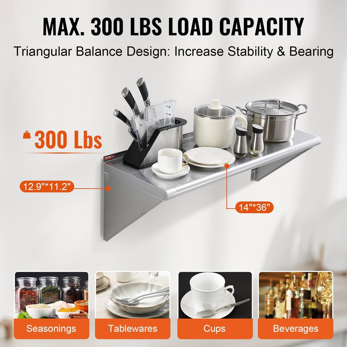 14" x 36" Stainless Steel Shelf, Wall Mounted Floating Shelving with Brackets, 300 lbs Load Capacity Commercial Shelves, Heavy Duty Storage Rack for Restaurant, Kitchen, Bar, Home, and Hotel