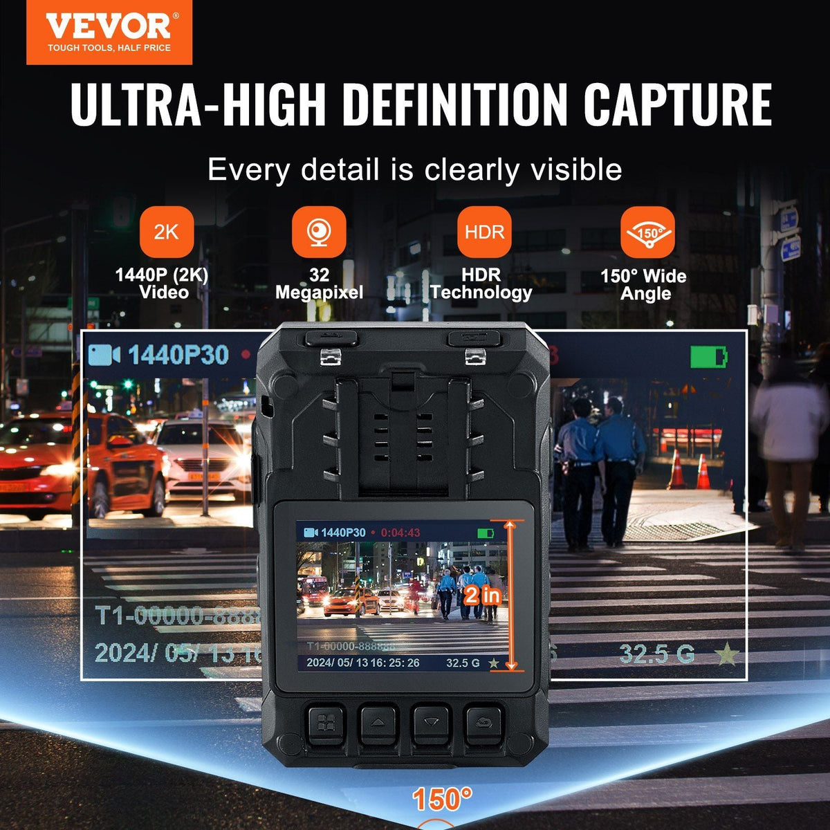 1440P HD Police Body Camera, 64GB Body Cam with Audio Video Recording Picture, Built-in 3500 mAh Battery, 2.0" LCD, Infrared Night Vision, Waterproof GPS Personal Body Cam for Law Enforcement