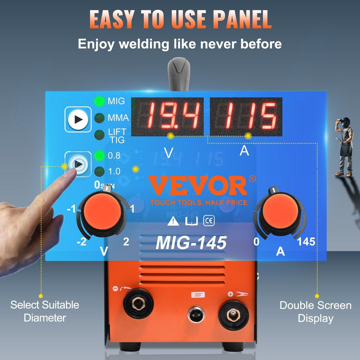 145Amp MIG Welder, Welding Machine 3 in 1, 110 V Flux Core Welding Machine with IGBT Inverter & MIG Torch, Digital MIG/Lift TIG/Stick Multiprocess Welder
