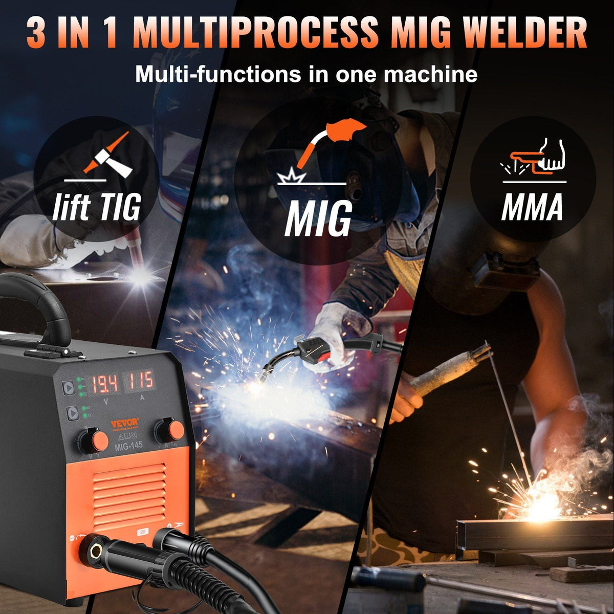 145Amp MIG Welder, Welding Machine 3 in 1, 110 V Flux Core Welding Machine with IGBT Inverter & MIG Torch, Digital MIG/Lift TIG/Stick Multiprocess Welder