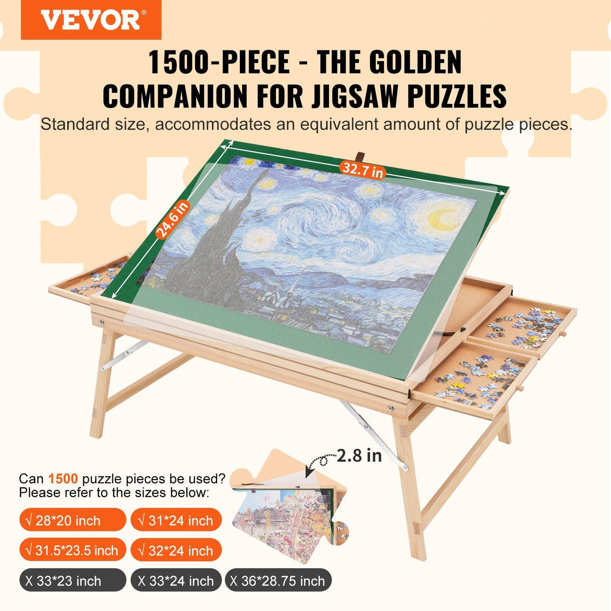 1500 Piece Puzzle Table with Folding Legs, 4 Drawers and Cover, 32.7"x24.6" Wooden Jigsaw Puzzle Plateau, Adjustable 3-Tilting-Angle Puzzle Board, Puzzle Storage System for Adults, Gift for Mom