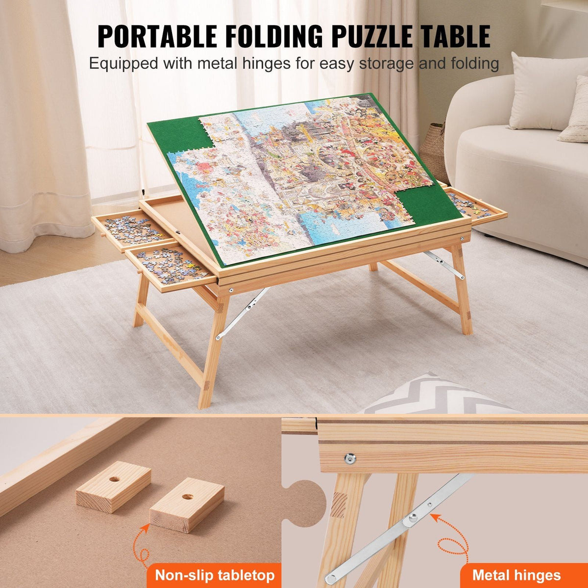 1500 Piece Puzzle Table with Folding Legs, 4 Drawers and Cover, 32.7"x24.6" Wooden Jigsaw Puzzle Plateau, Adjustable 3-Tilting-Angle Puzzle Board, Puzzle Storage System for Adults, Gift for Mom