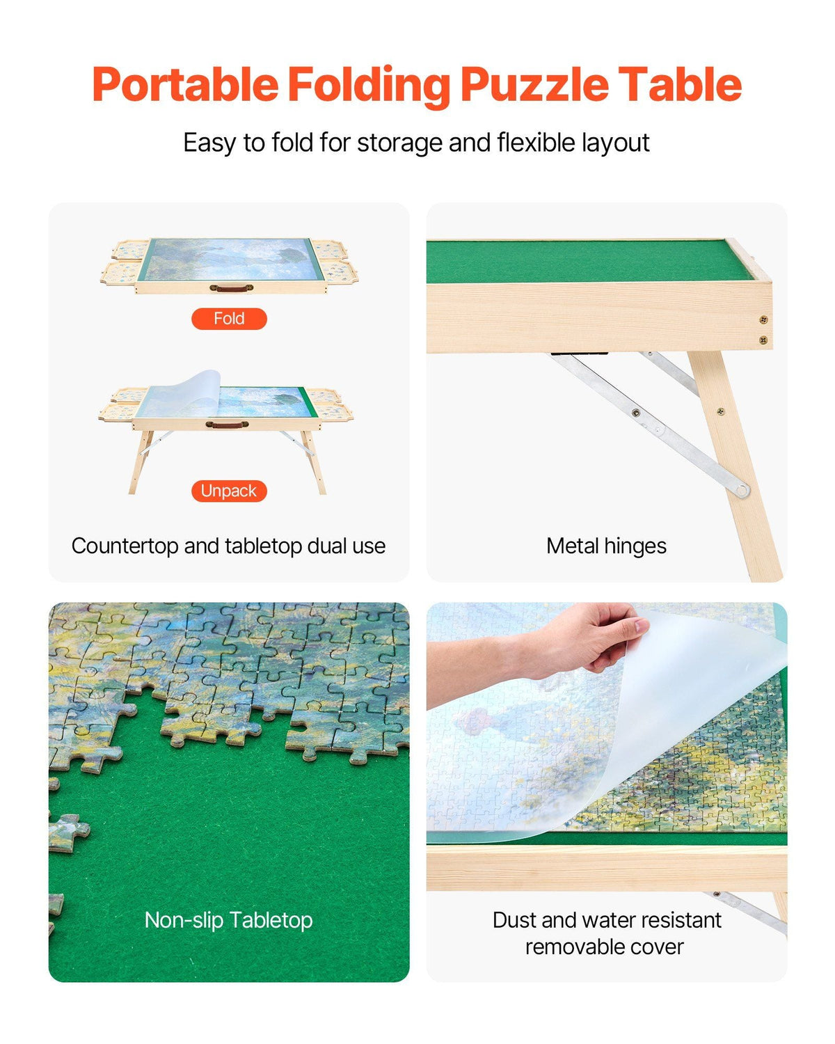 1500 Piece Puzzle Table with Folding Legs, 4 Drawers and Cover, 34x25 in Portable Wooden Board, Felt Surface Jigsaw Puzzle Accessories for Adults, Adjustable 6-Tilting-Angle, Gift for Mom