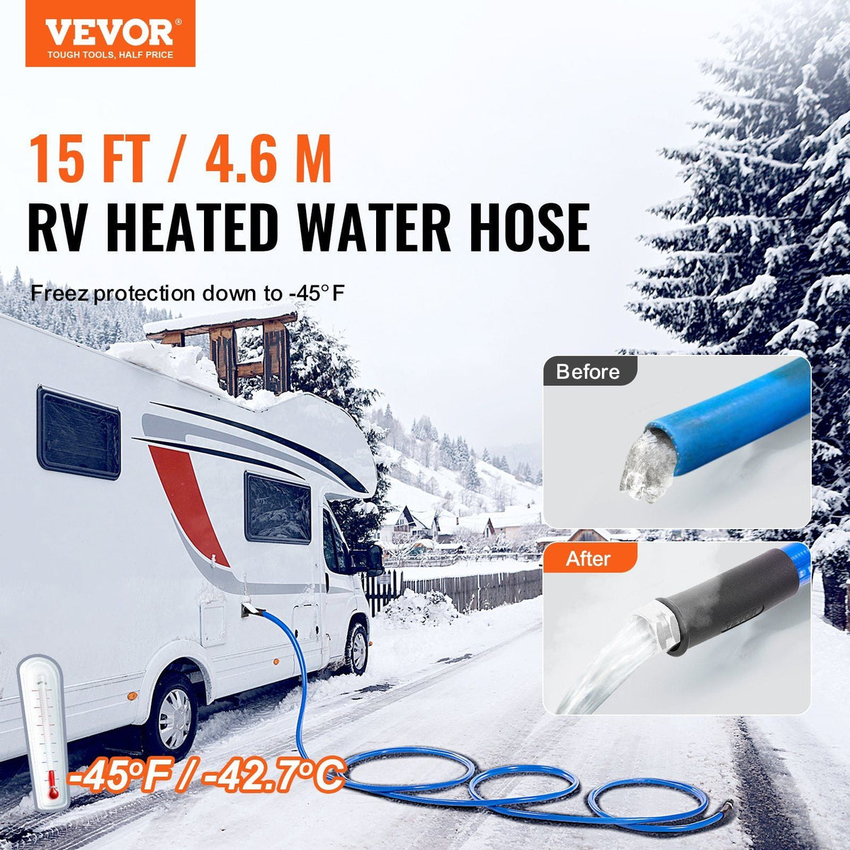 15ft Heated Water Hose for RV, Heated Drinking Water Hose Antifreeze to -45°F, Automatic Self-regulating, 5/8" I.D. with 3/4" GHT Adapter, Lead and BPA Free