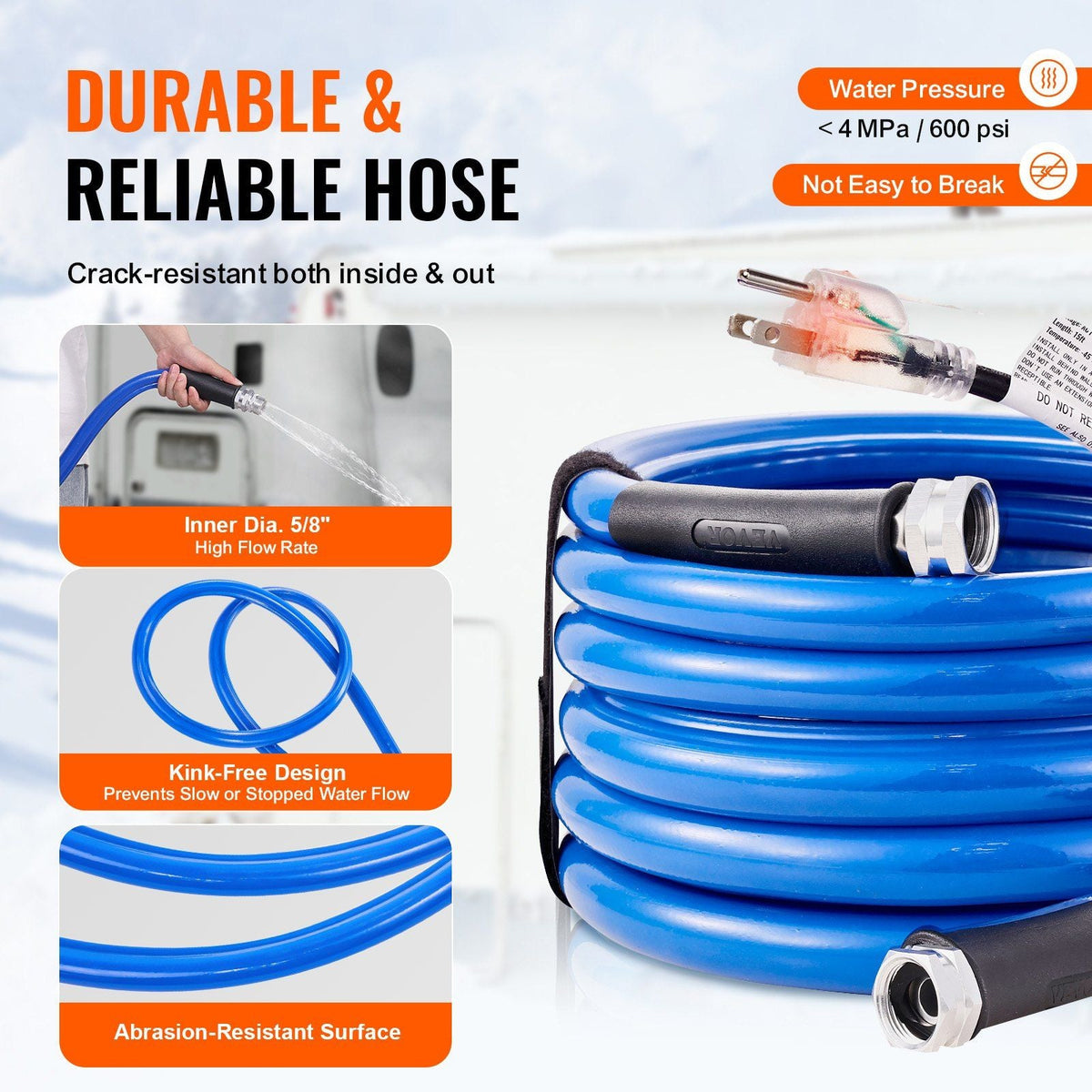 15ft Heated Water Hose for RV, Heated Drinking Water Hose Antifreeze to -45°F, Automatic Self-regulating, 5/8" I.D. with 3/4" GHT Adapter, Lead and BPA Free