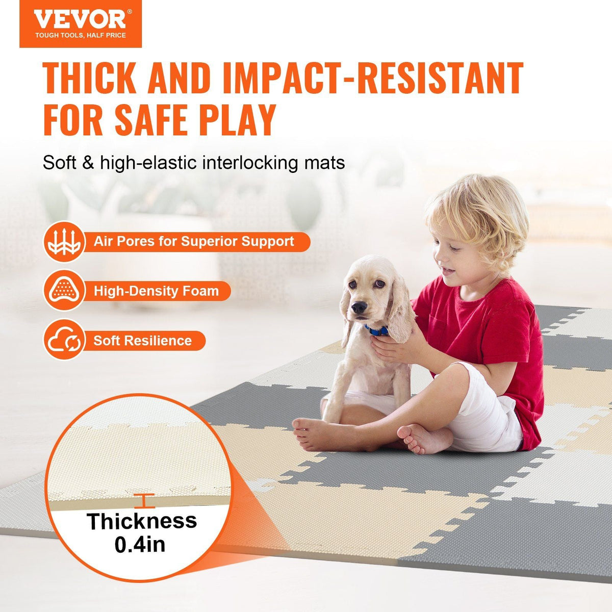 16 Tiles Kids Play Mat, 0.4 Inch Toddler Play Mat with EVA Foam, 12" x 12" Puzzle Play Mat with 16 sq.ft Coverage, Interlocking Toddler Mats for Play Room, Nursery, Living Room, Camel&Gray&Beige