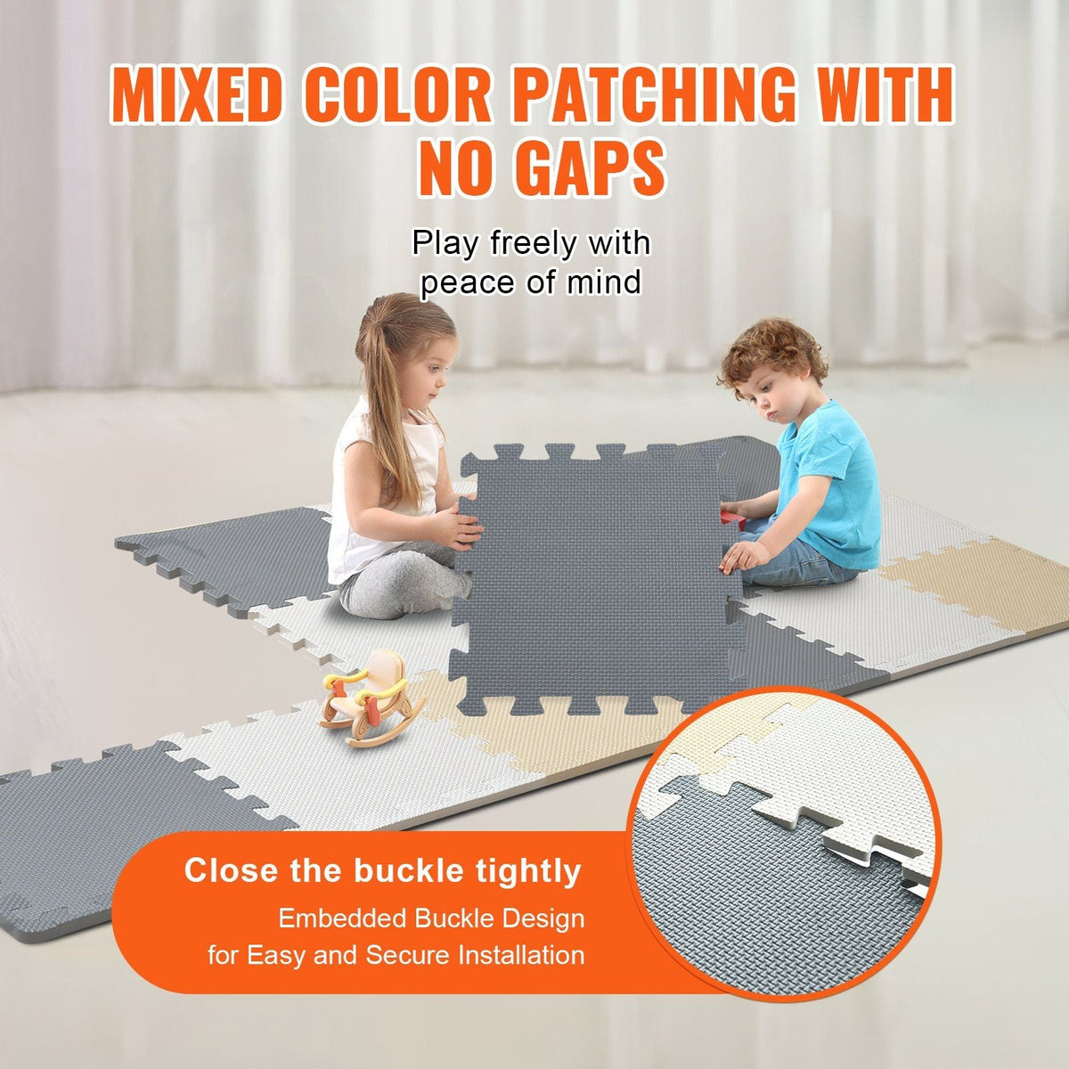 16 Tiles Kids Play Mat, 0.4 Inch Toddler Play Mat with EVA Foam, 12" x 12" Puzzle Play Mat with 16 sq.ft Coverage, Interlocking Toddler Mats for Play Room, Nursery, Living Room, Camel&Gray&Beige