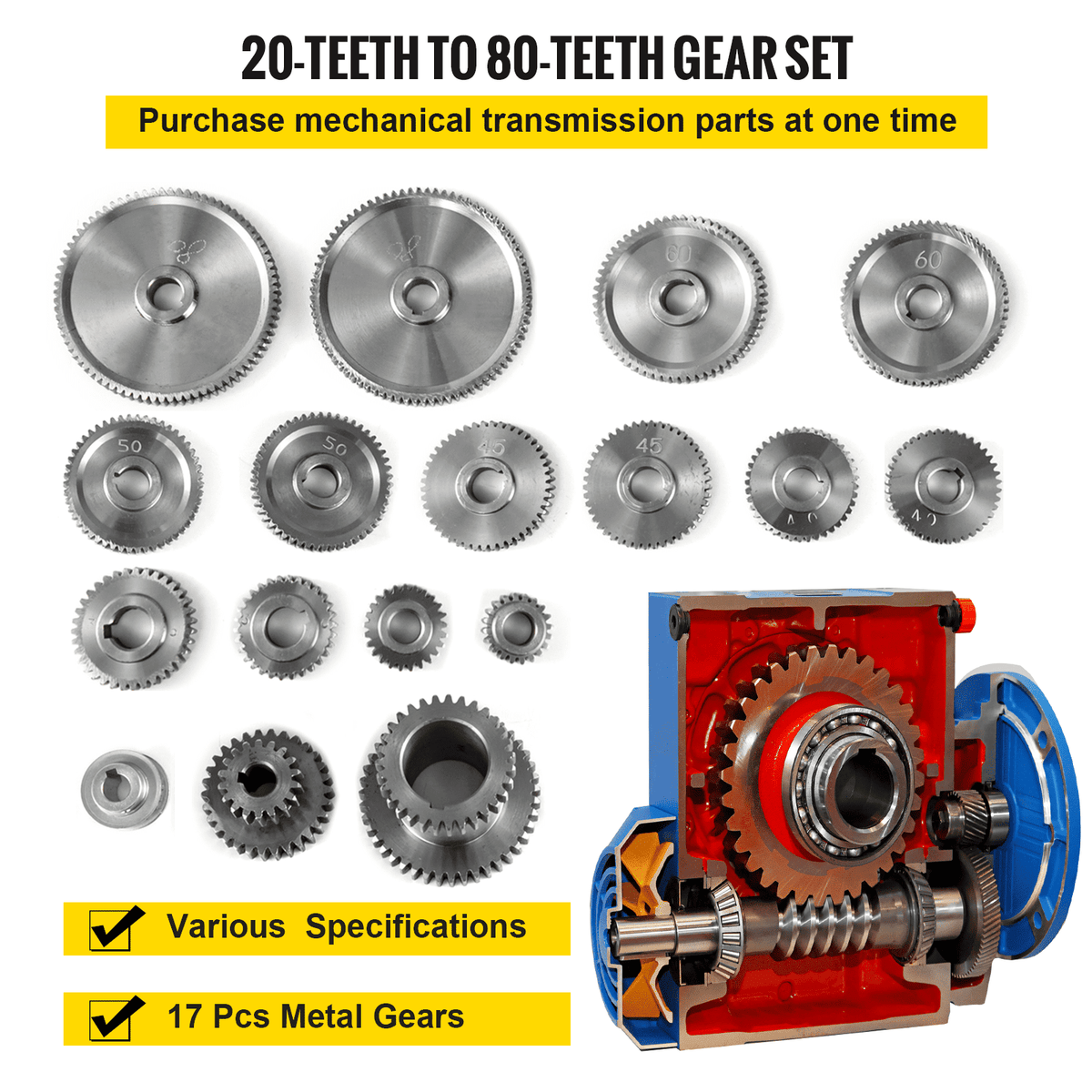 17pcs/Set CJ0618 Lathe Mini Lathe Gears Metal Cutting Machine Gears Lathe Gears Kit Metal Exchange Gear Mini Mill (17pcs)