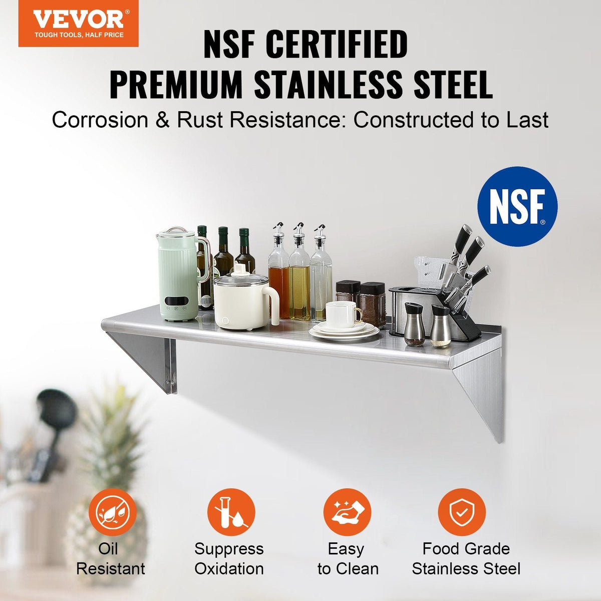 18" x 48" Stainless Steel Shelf, Wall Mounted Floating Shelving with Brackets, 400 lbs Load Capacity Commercial Shelves, Heavy Duty Storage Rack for Restaurant, Kitchen, Bar, Home, and Hotel
