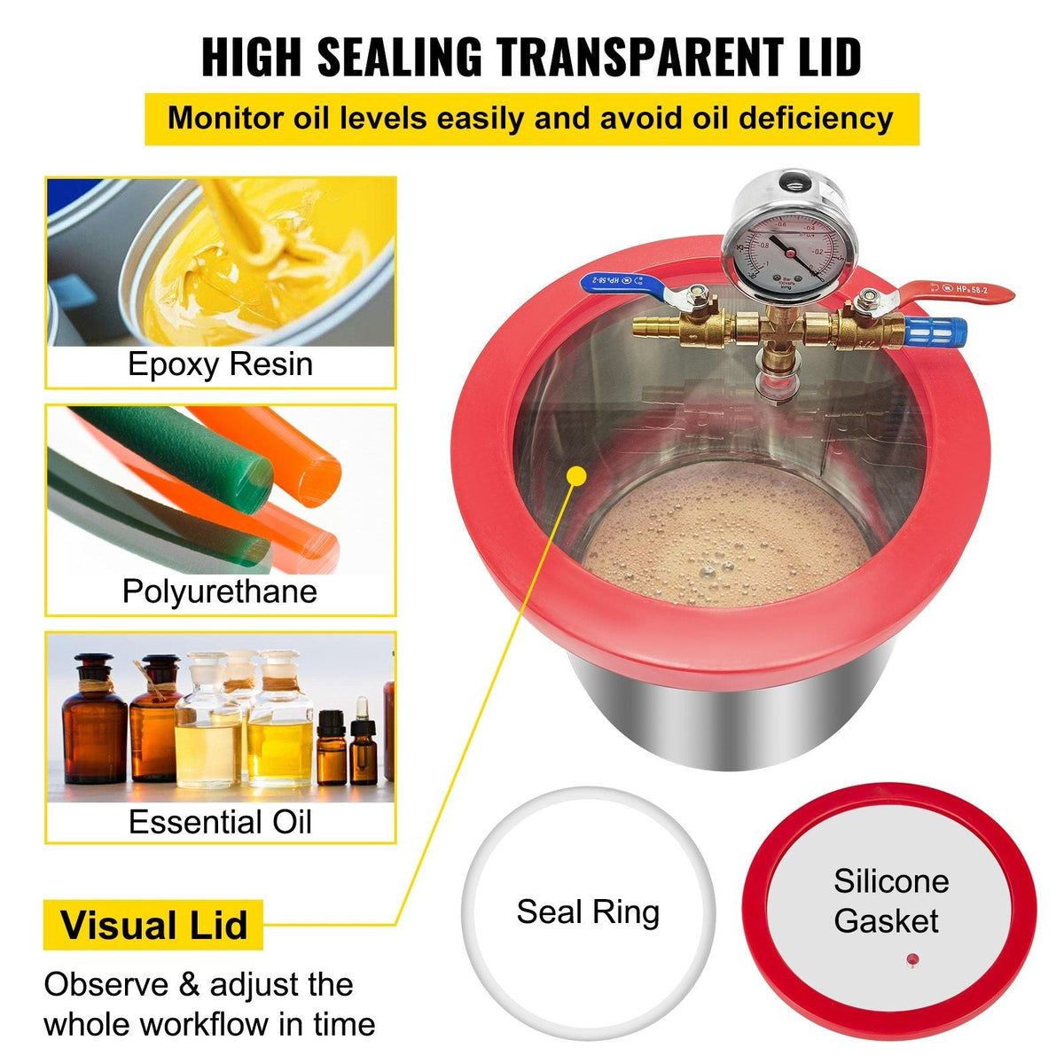 2 Gallon Vacuum Chamber kit Stainless Steel Degassing Chamber 7.5L Vacuum Degassing Chamber kit for Degassing Urethanes Silicones Epoxies and Resins