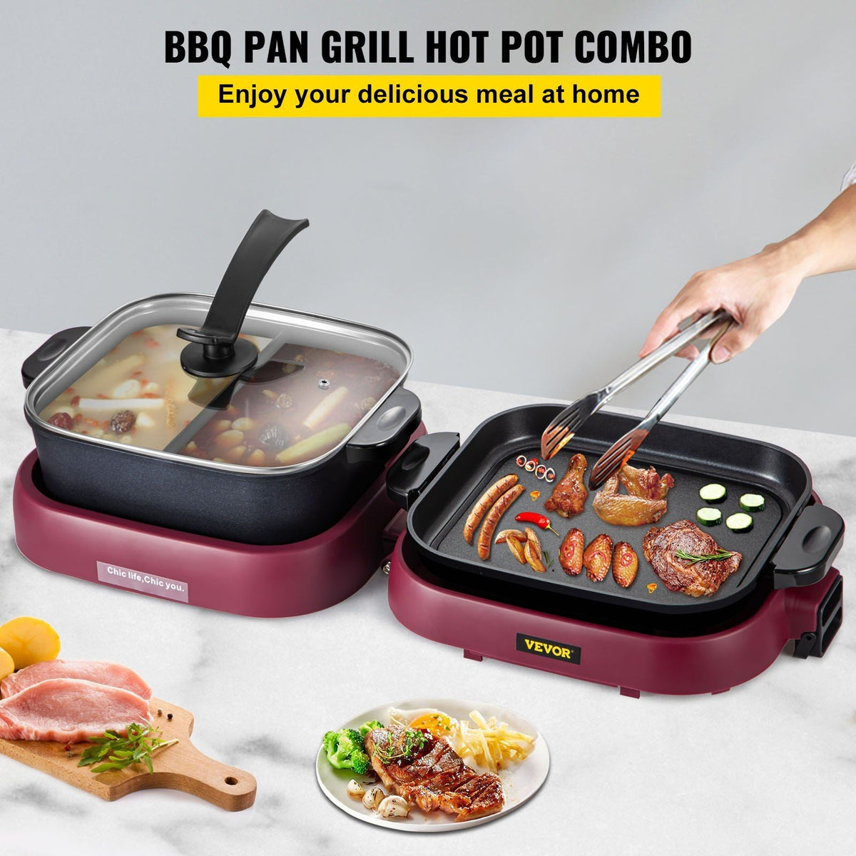 2 in 1 Electric BBQ Pan Grill Hot Pot Foldable Hot Pot BBQ Grill 2100W