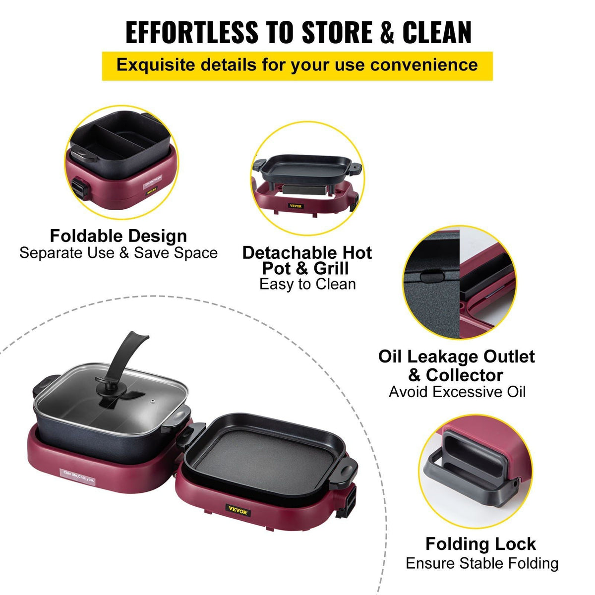 2 in 1 Electric BBQ Pan Grill Hot Pot Foldable Hot Pot BBQ Grill 2100W