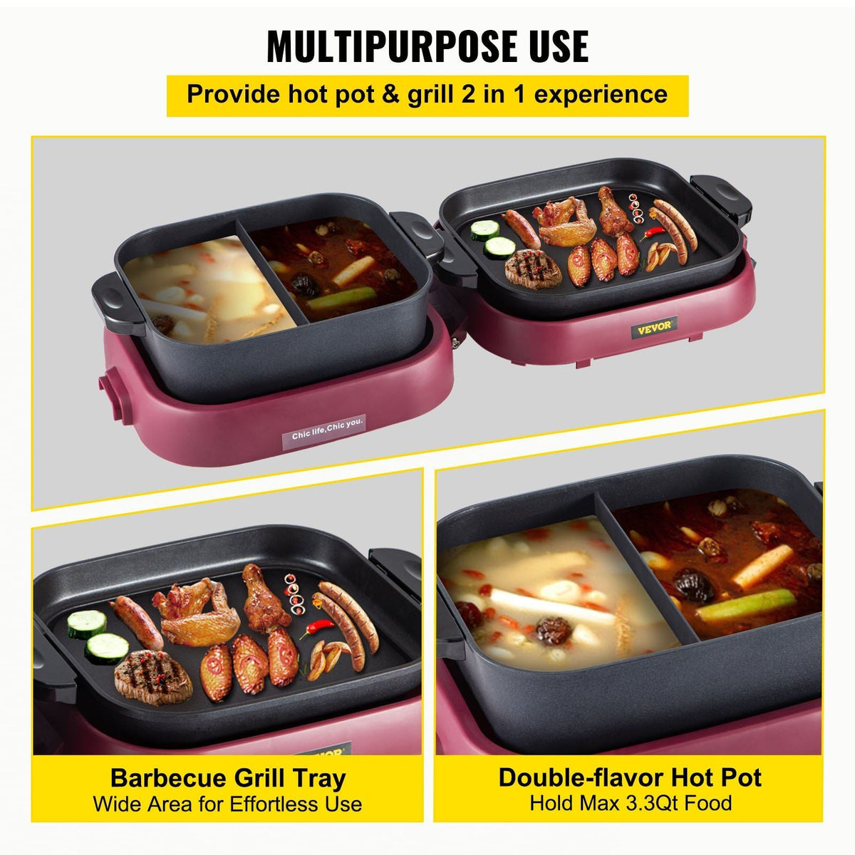 2 in 1 Electric BBQ Pan Grill Hot Pot Foldable Hot Pot BBQ Grill 2100W