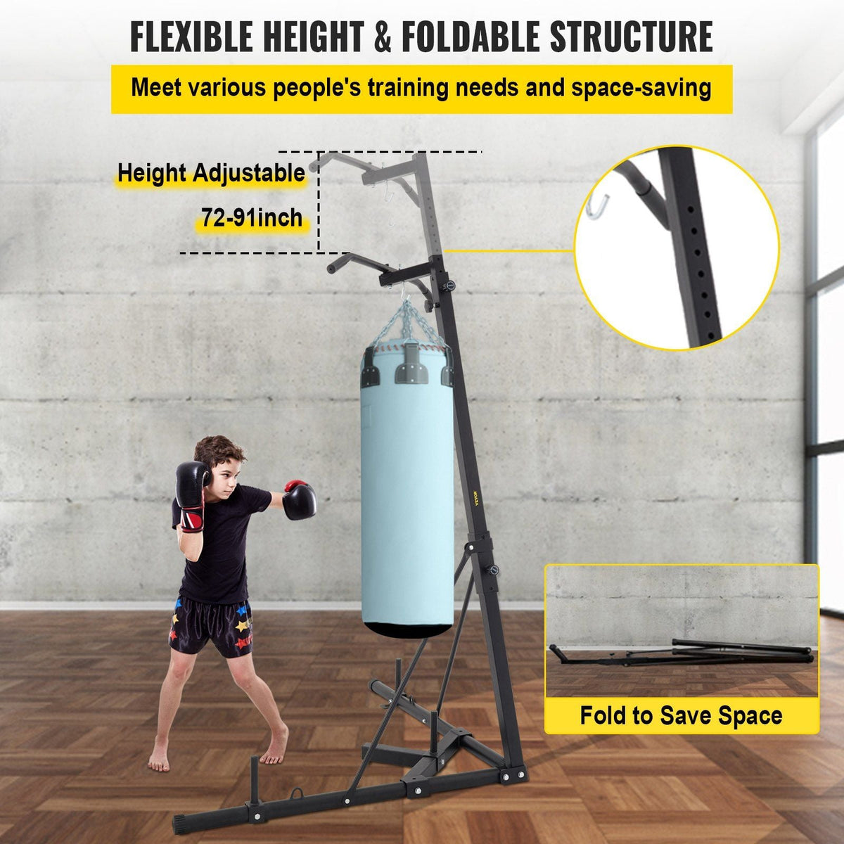 2 in 1 Heavy Bag Stand, Height Adjustable Punching Bag Stand, Foldable Boxing Bag Stand Steel Sandbag Rack Freestanding Up to 132 lbs for Home and Gym Fitness.