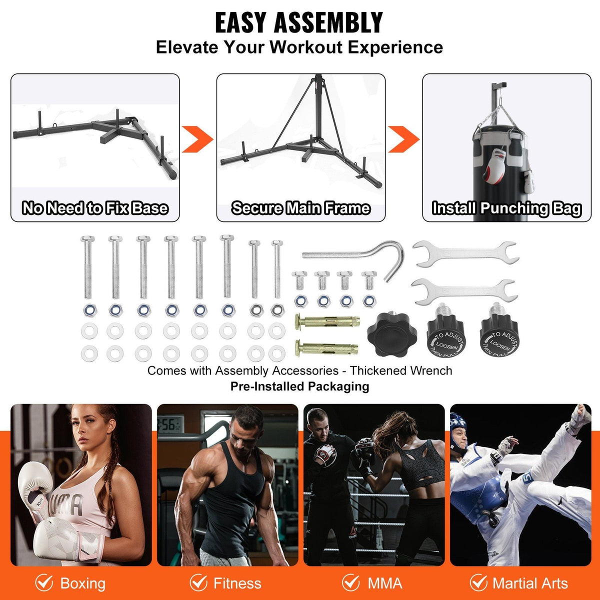 2 in 1 Punching Bag Stand, Steel Heavy Duty Workout Equipment, Adjustable Height Boxing Punching Bag Stand with Pull Up Bar, Freestanding Sandbag Rack, Holds Up to 400 lbs, for Home Gym Fitness