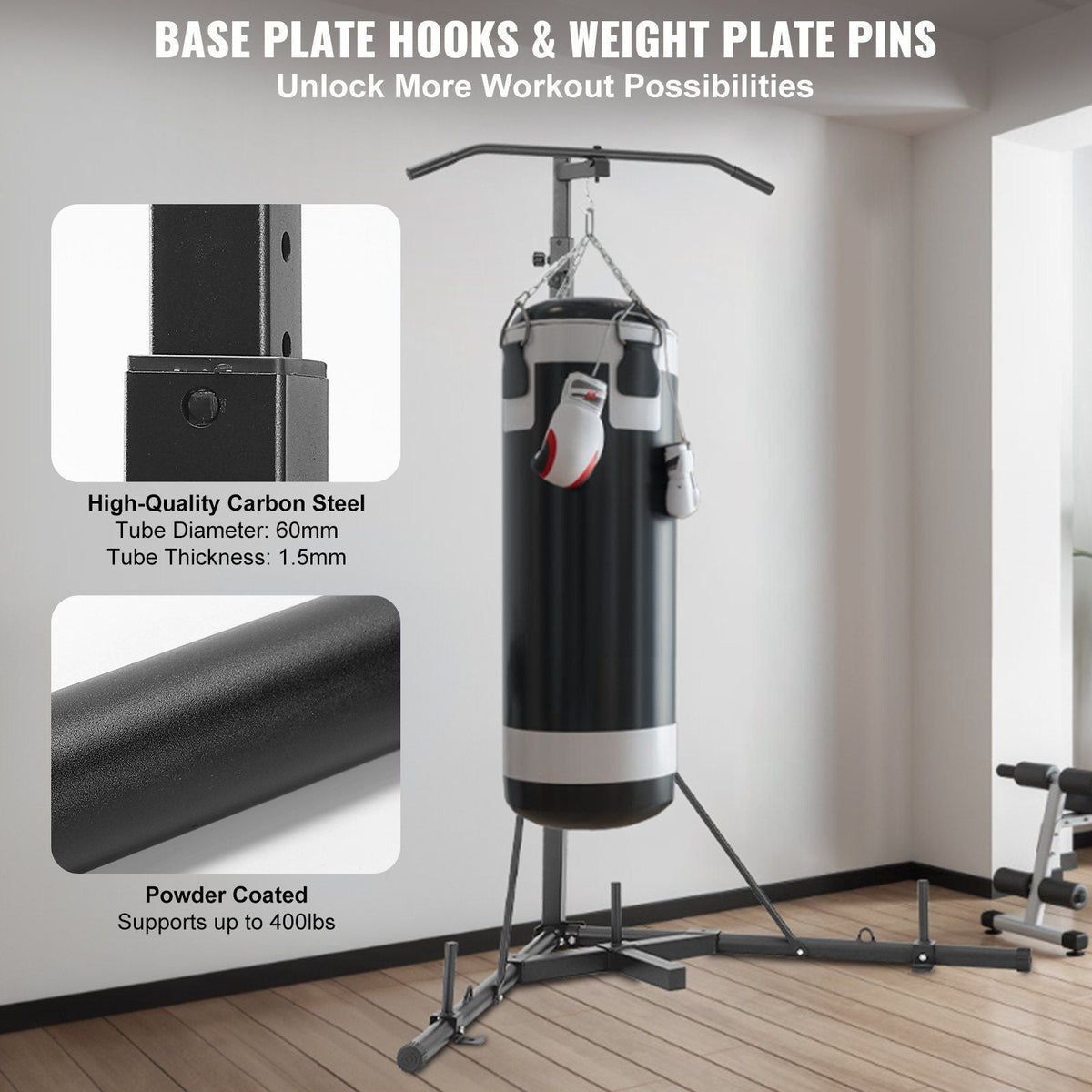 2 in 1 Punching Bag Stand, Steel Heavy Duty Workout Equipment, Adjustable Height Boxing Punching Bag Stand with Pull Up Bar, Freestanding Sandbag Rack, Holds Up to 400 lbs, for Home Gym Fitness