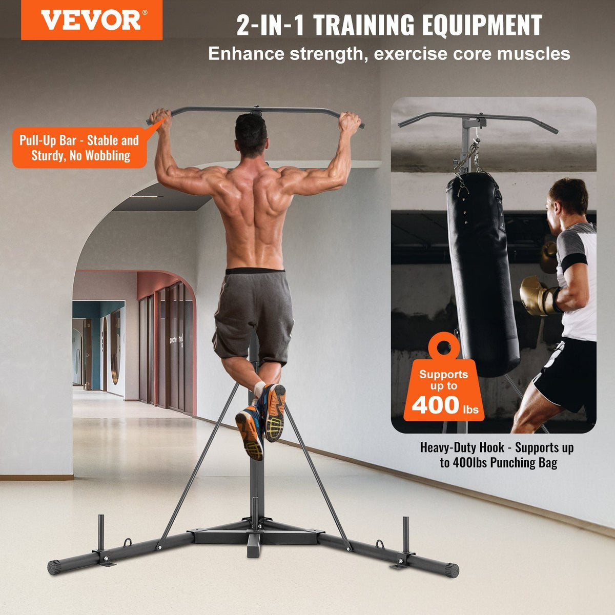 2 in 1 Punching Bag Stand, Steel Heavy Duty Workout Equipment, Adjustable Height Boxing Punching Bag Stand with Pull Up Bar, Freestanding Sandbag Rack, Holds Up to 400 lbs, for Home Gym Fitness