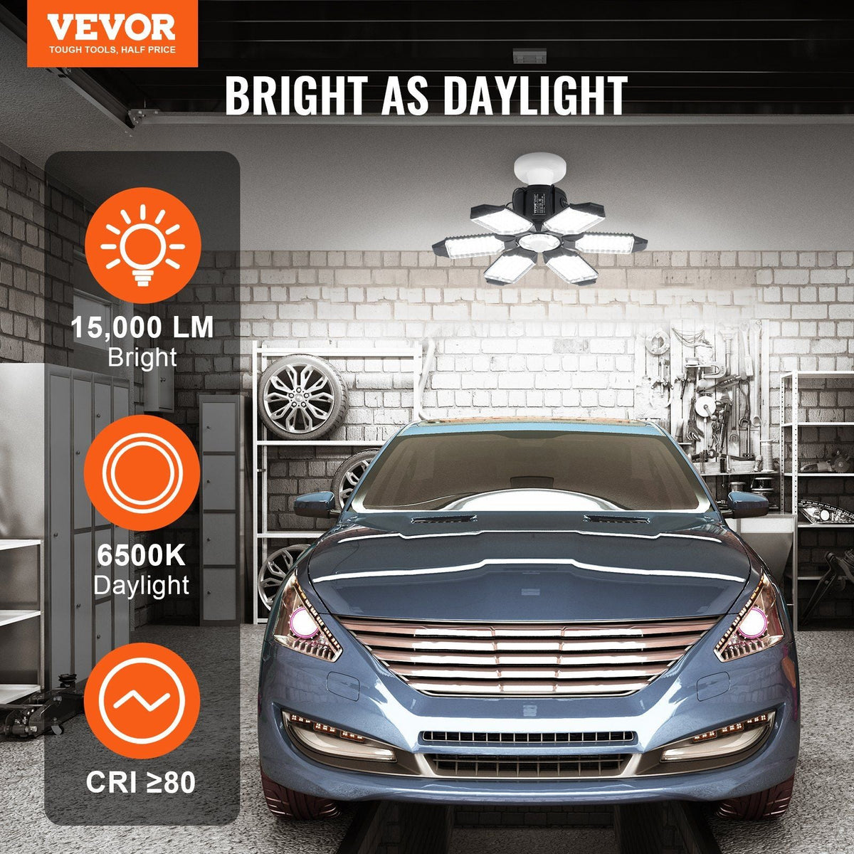 2 Packs LED Garage Light, 15000LM, 6500K Motion Sensor Garage Ceiling Light with 6 Deformable Penals, E26/E27 Screw-in Garage Lighting Super Bright Shop Lights Fixture for Basement Warehouse