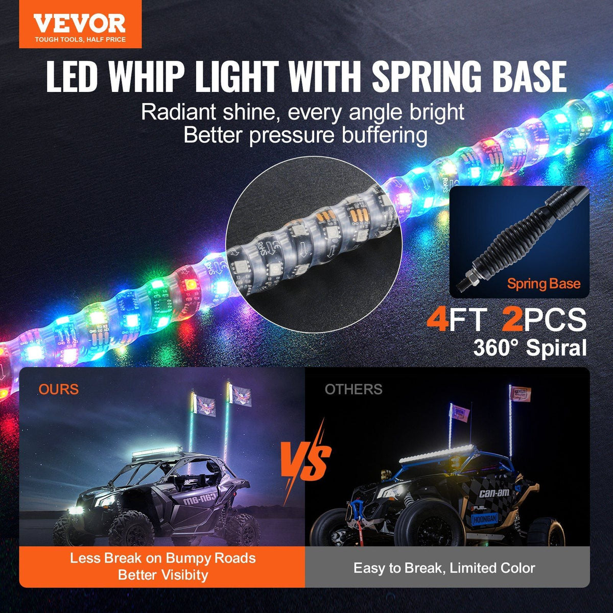 2 PCS 4 FT Whip Light with Spring Base, Led Whip Light with APP & Remote Control, Waterproof 360° Spiral RGB Chasing Lighted Whips with 2 Flags, for UTVs, ATVs, Motorcycles, RZR, Can-am, Go-kart