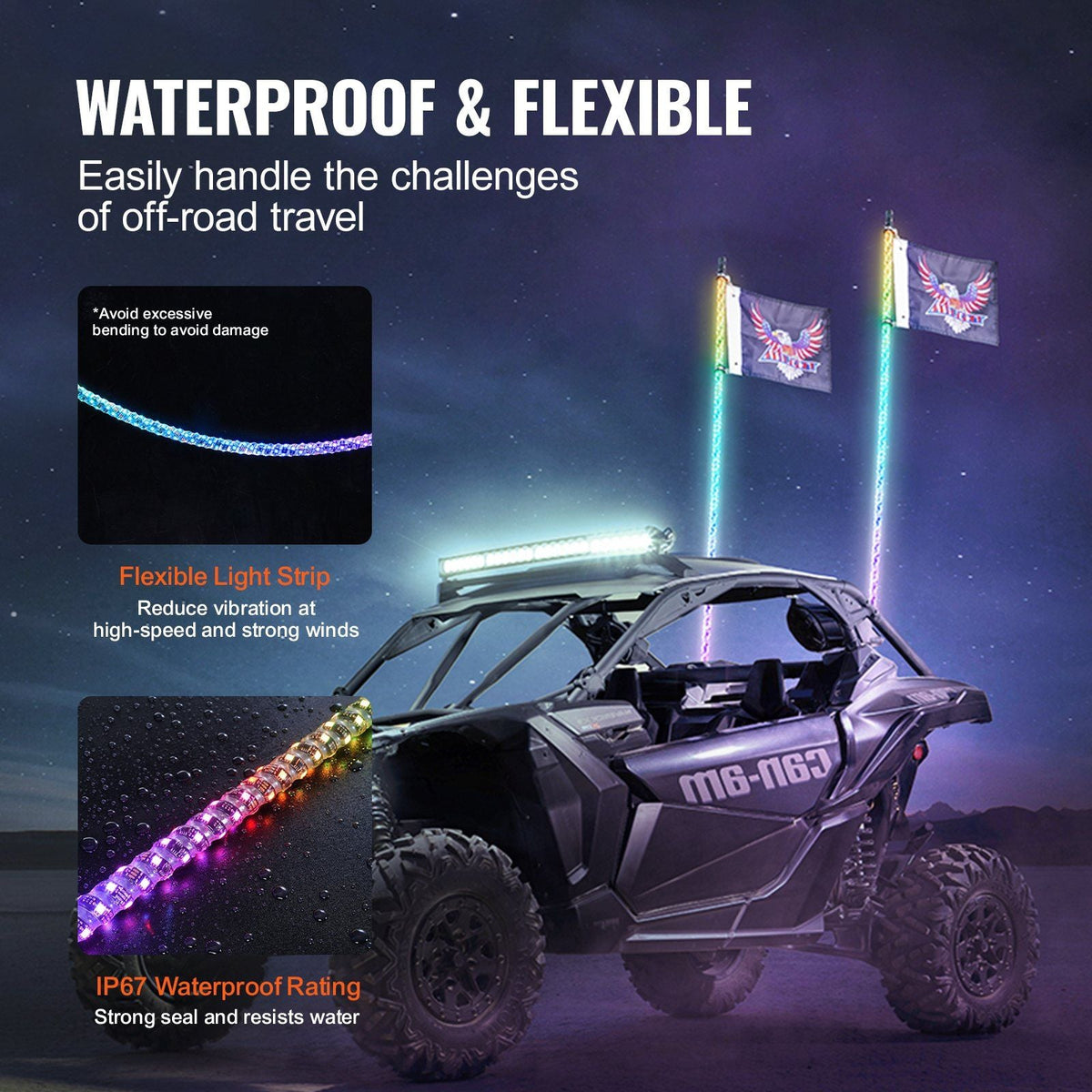 2 PCS 4 FT Whip Light with Spring Base, Led Whip Light with APP & Remote Control, Waterproof 360° Spiral RGB Chasing Lighted Whips with 2 Flags, for UTVs, ATVs, Motorcycles, RZR, Can-am, Go-kart