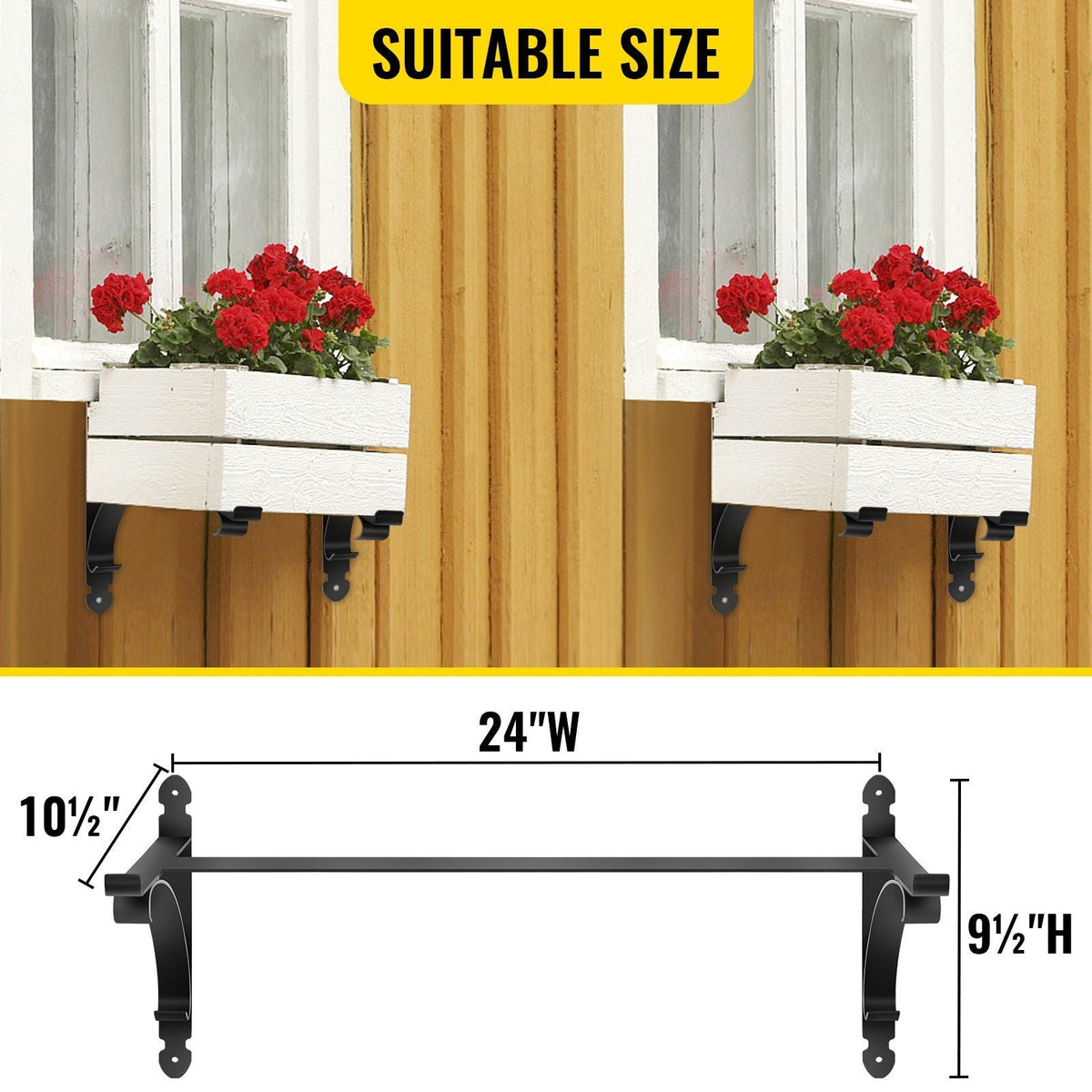 2 PCS Window Box Brackets 88lbs Planter Box Brackets 24 x 10.5 x 10 in Black Planter Mounting Bracket Iron Material Black Window Box Hanger Bracket for Flower Box Durable Window Box Holder