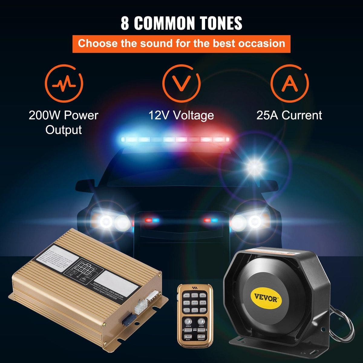 200W 8 Sound Loud Car Warning, Police Fire Emergency Alarm Fire Siren, 1 Horn PA Speaker MIC System Vehicle Siren