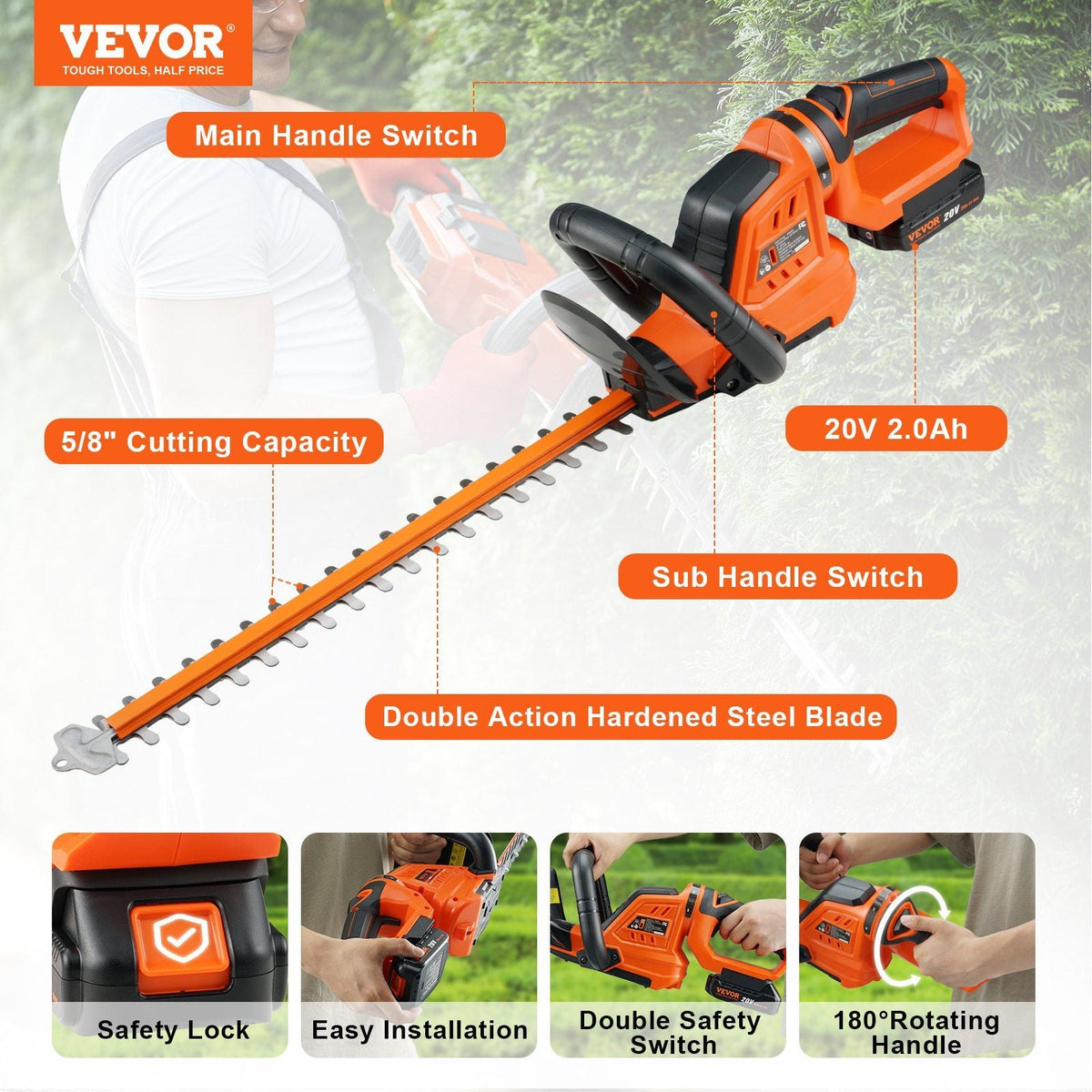 20V Cordless Hedge Trimmer, 18 inch Double-edged Steel Blade, Hedge Trimmer Kit 20V Battery, Fast Charger, and Blade Cover Included, 180° Rotating Head