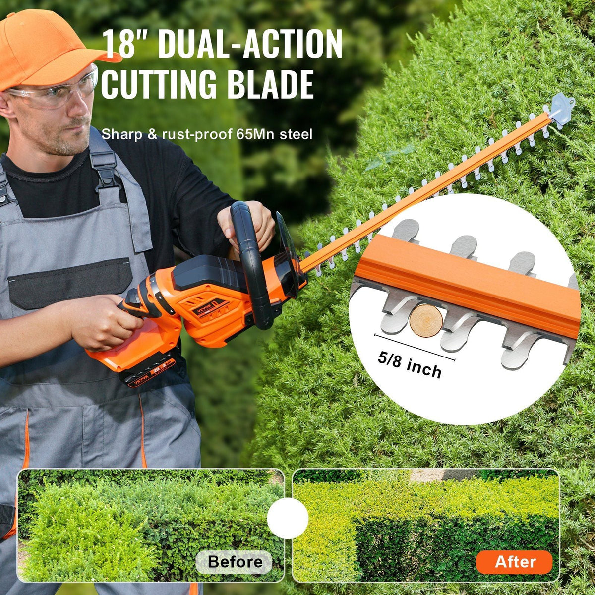 20V Cordless Hedge Trimmer, 18 inch Double-edged Steel Blade, Hedge Trimmer Kit 20V Battery, Fast Charger, and Blade Cover Included, 180° Rotating Head