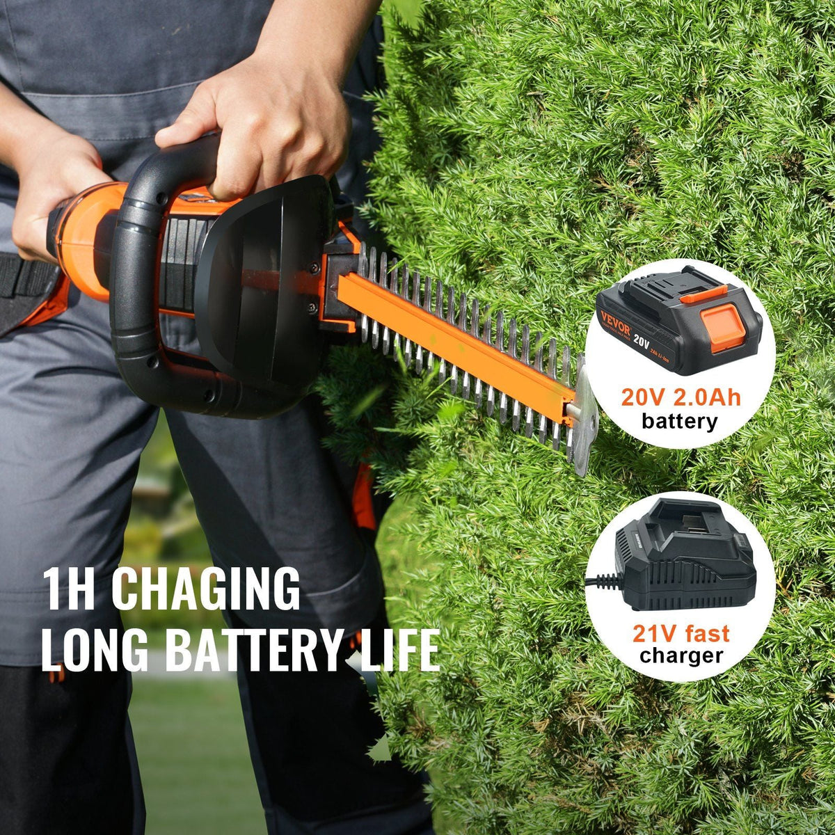 20V Cordless Hedge Trimmer, 18 inch Double-edged Steel Blade, Hedge Trimmer Kit 20V Battery, Fast Charger, and Blade Cover Included, 180° Rotating Head