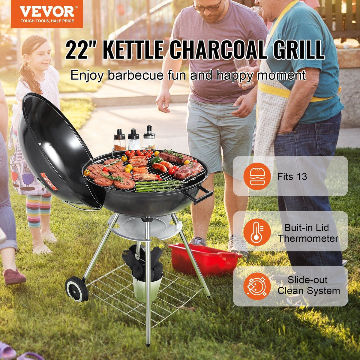 22 inch Kettle Charcoal Grill, Premium Kettle Grill with Wheels and Cover, Porcelain-Enameled Lid and Ash Catcher & Thermometer for BBQ, Round Barbecue Grill Outdoor Cooking, Patio and Backyard