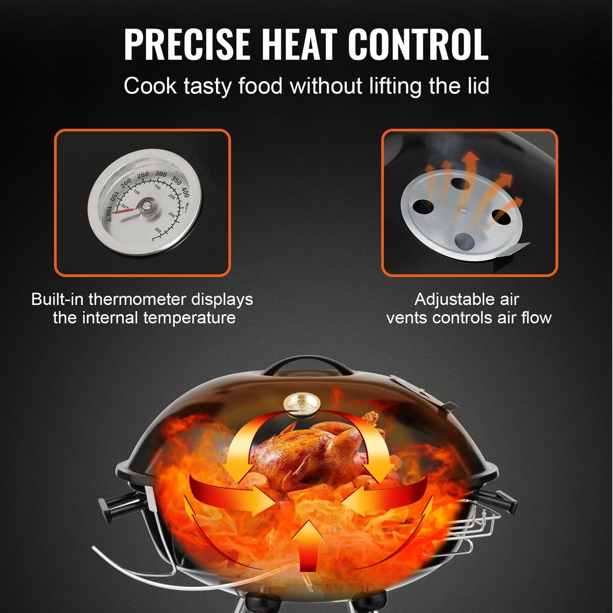 22 inch Kettle Charcoal Grill, Premium Kettle Grill with Wheels and Cover, Porcelain-Enameled Lid and Ash Catcher & Thermometer for BBQ, Round Barbecue Grill Outdoor Cooking, Patio and Backyard