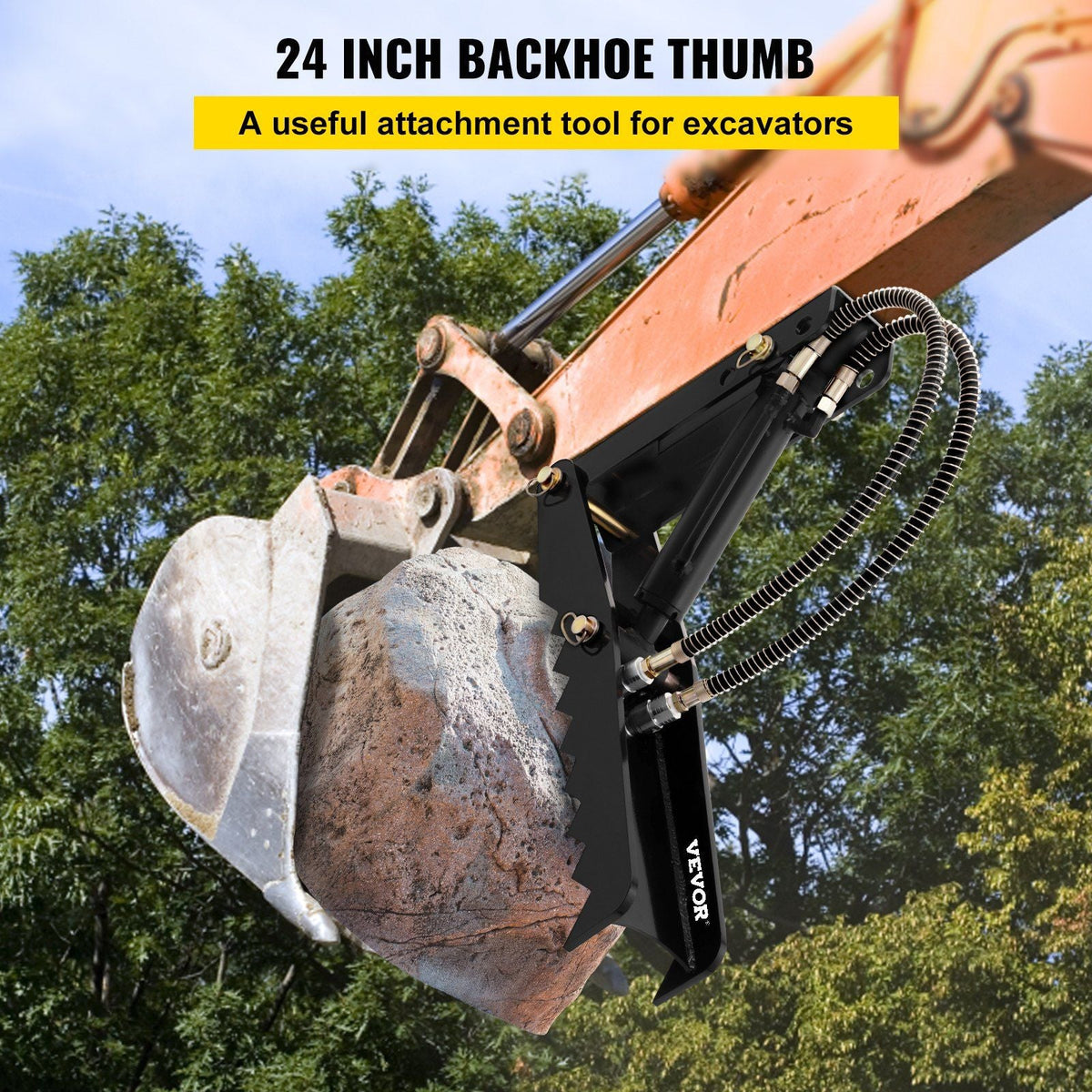 24 inch Hydraulic Backhoe Excavator Thumb Attachments Weld On 1/2in Teeth Thick Steel Plate Assembly 12MM Bolt-On Design with Hydraulic Cylinder
