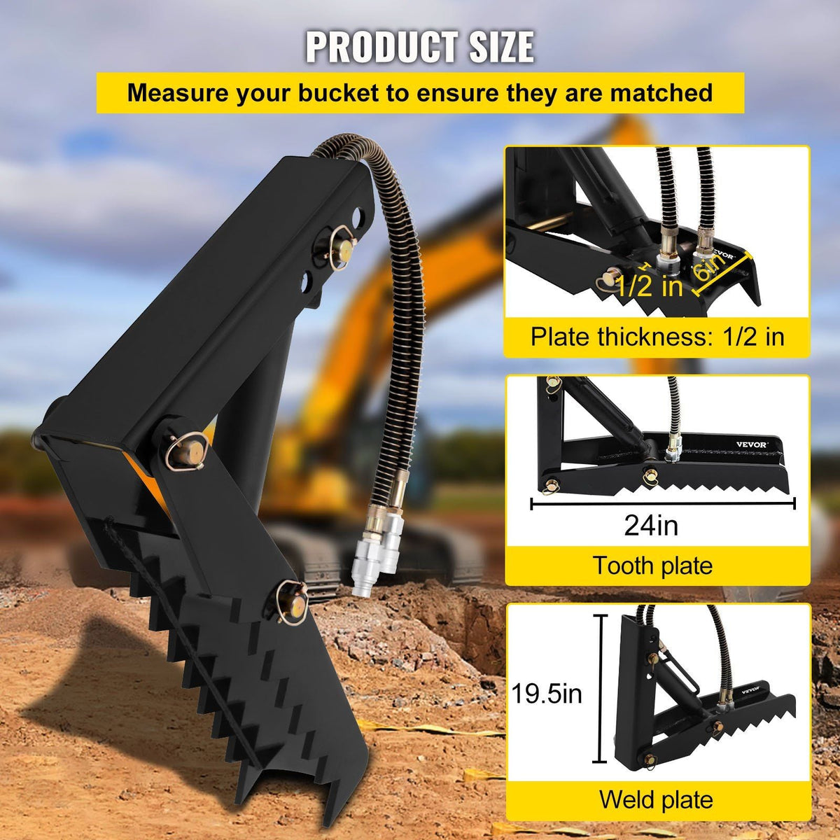 24 inch Hydraulic Backhoe Excavator Thumb Attachments Weld On 1/2in Teeth Thick Steel Plate Assembly 12MM Bolt-On Design with Hydraulic Cylinder