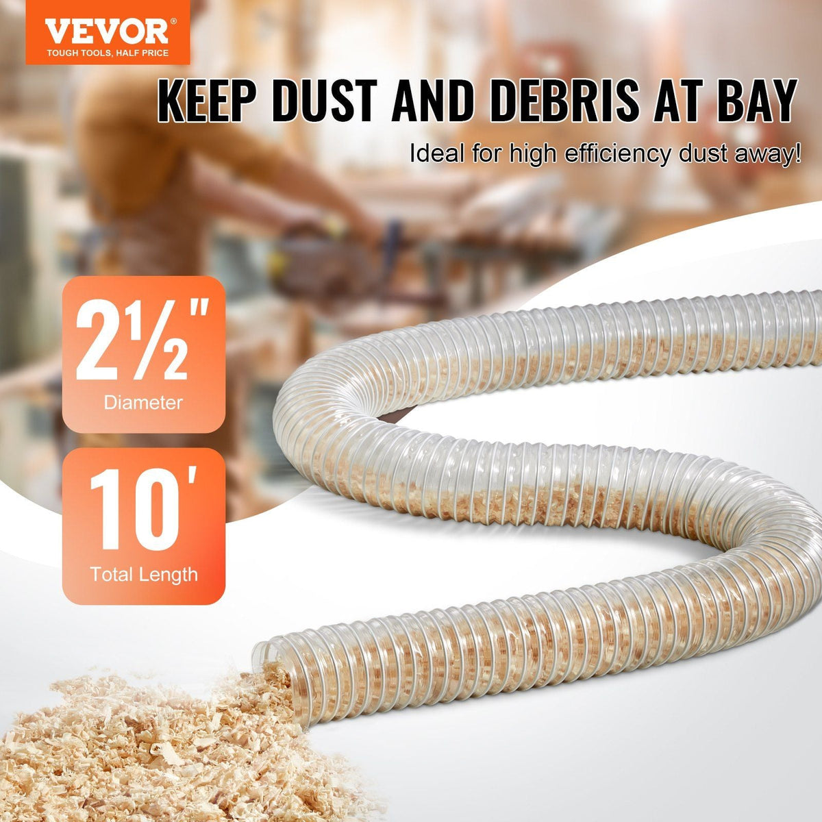 2.5'' x 10' Dust Collection Hose Thickened PVC Flexible Clear Hose
