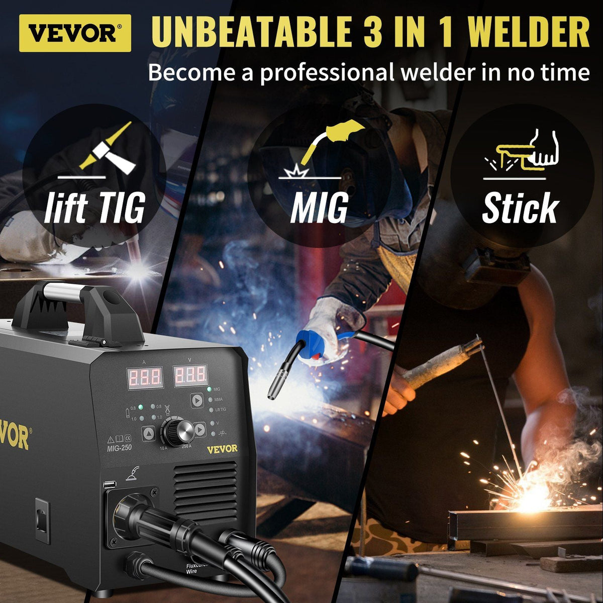 250Amp MIG Welder, Welding Machine 3 in 1, 220V Flux Core/Gas/Solid Wire Welding Machine w/IGBT Inverter & Torch, Digital MIG/Lift TIG/Stick Multiprocess Welder