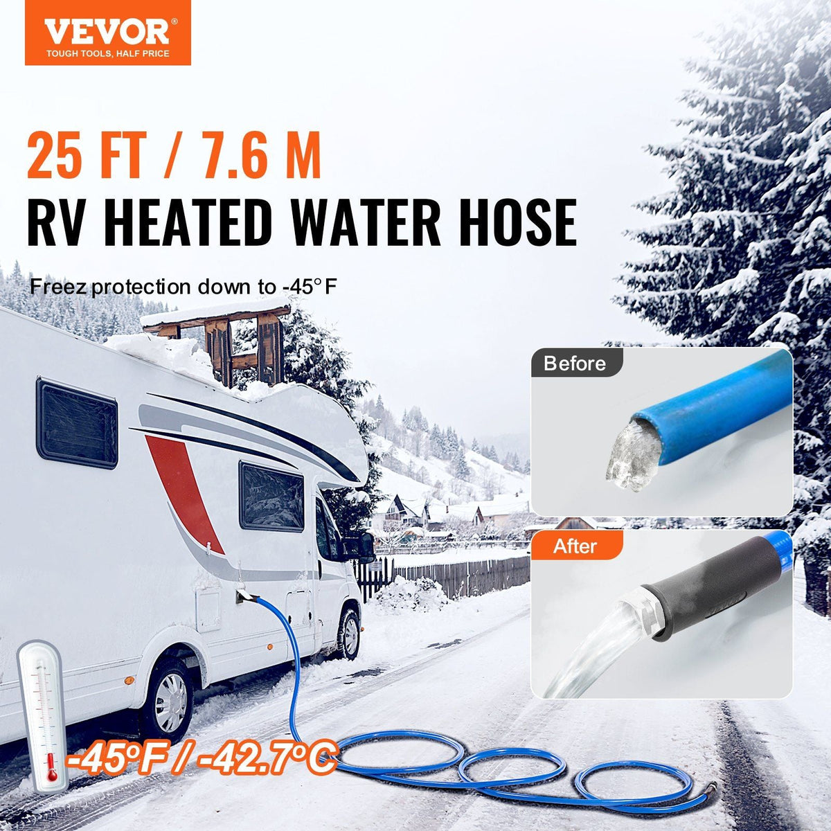25ft Heated Water Hose for RV, Heated Drinking Water Hose Antifreeze to -45°F, Automatic Self-regulating, 5/8" I.D. with 3/4" GHT Adapter, Lead and BPA Free