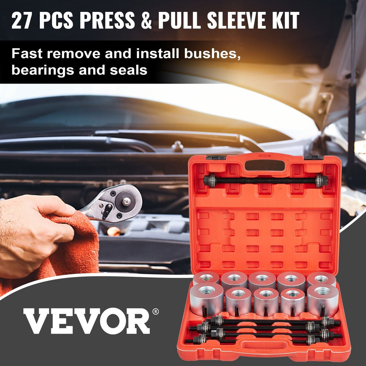27 PCS Pull and Press Sleeve Kit, 45# Steel Removal Installation Bushes Bearings Tool Kit, Bush Removal Insertion Sleeve Tool Set Works on Most Cars and LCV, HGV Engines