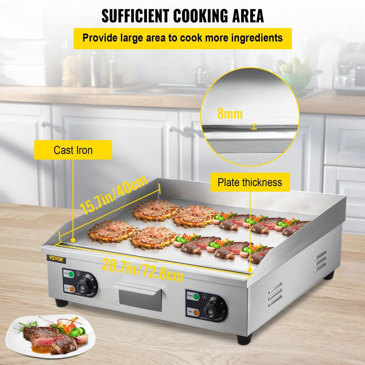 29" Commercial Electric Griddle 110V 3000W Electric Countertop Griddle Non-Stick Restaurant Teppanyaki Flat Top Grill Stainless Steel Adjustable Temperature Control 122°F-572°F (NO PLUG)