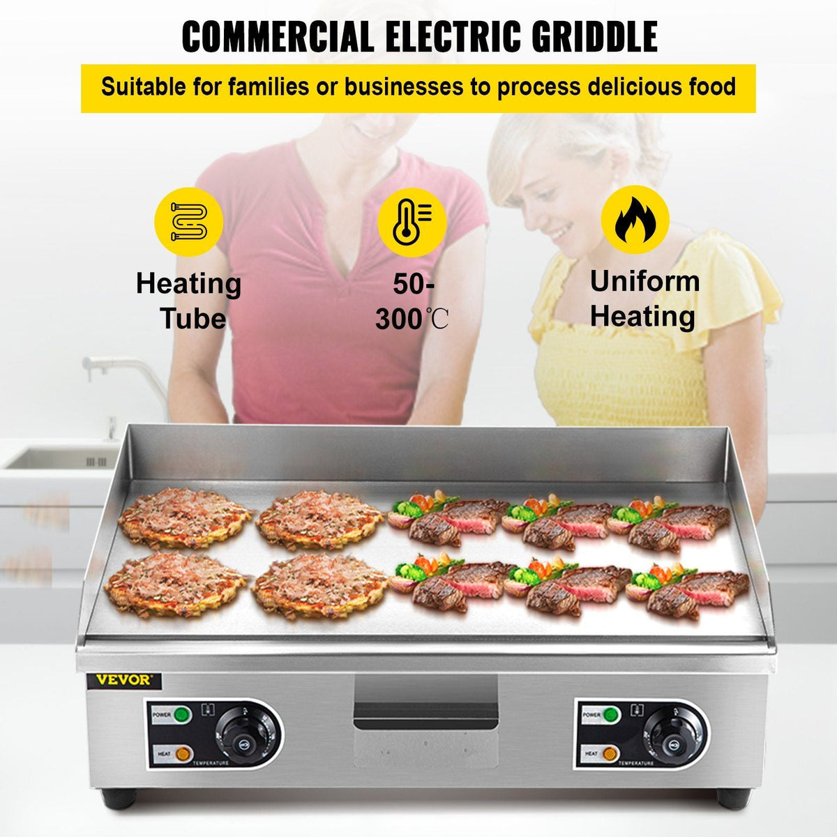 29" Commercial Electric Griddle 110V 3000W Electric Countertop Griddle Non-Stick Restaurant Teppanyaki Flat Top Grill Stainless Steel Adjustable Temperature Control 122°F-572°F (NO PLUG)