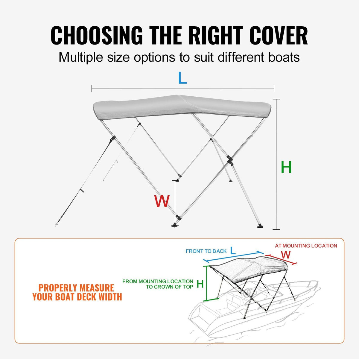 3 Bow Bimini Top Boat Cover, 900D Polyester Canopy with 1" Aluminum Alloy Frame, Waterproof and Sun Shade, Includes Storage Boot, 2 Support Poles, 4 Straps, 6'L x 46"H x 54"-60"W, Light Grey
