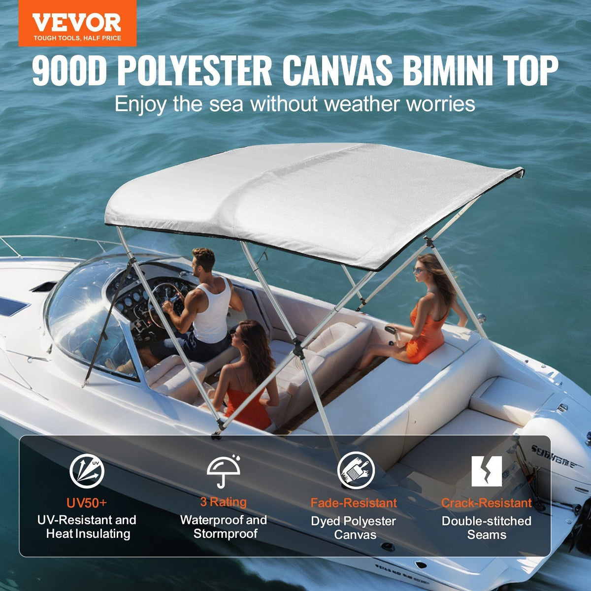 3 Bow Bimini Top Boat Cover, 900D Polyester Canopy with 1" Aluminum Alloy Frame, Waterproof and Sun Shade, Includes Storage Boot, 2 Support Poles, 4 Straps, 6'L x 46"H x 54"-60"W, Light Grey