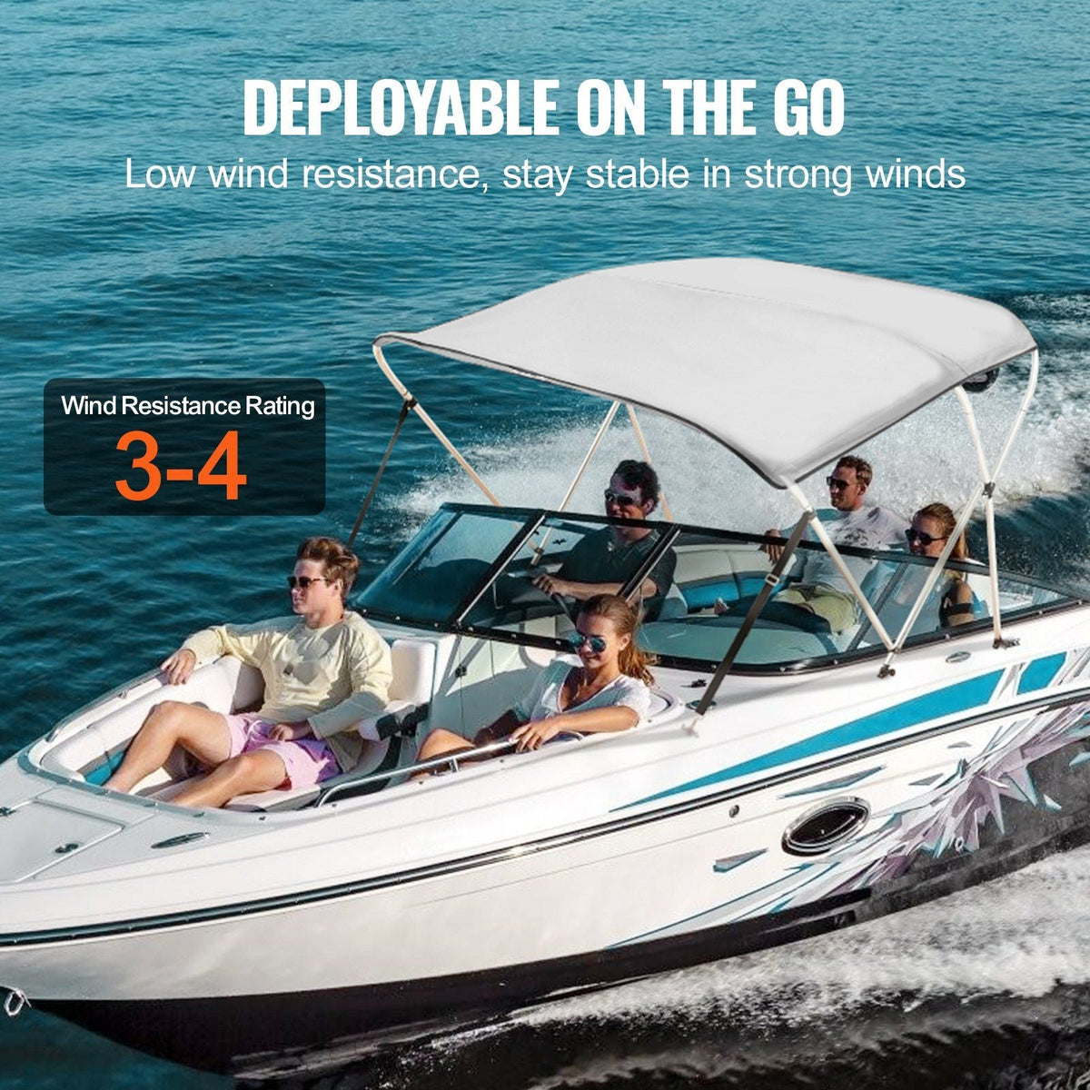 3 Bow Bimini Top Boat Cover, 900D Polyester Canopy with 1" Aluminum Alloy Frame, Waterproof and Sun Shade, Includes Storage Boot, 2 Support Poles, 4 Straps, 6'L x 46"H x 54"-60"W, Light Grey