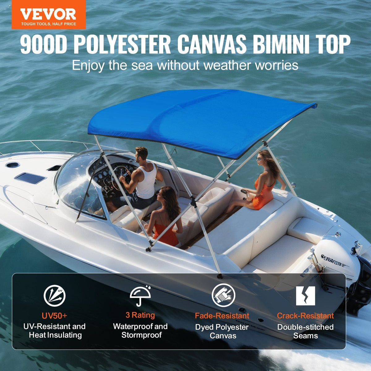 3 Bow Bimini Top Boat Cover, 900D Polyester Canopy with 1" Aluminum Alloy Frame, Waterproof and Sun Shade, Includes Storage Boot, 2 Support Poles, 4 Straps, 6'L x 46"H x 54"-60"W, Pacific Blue