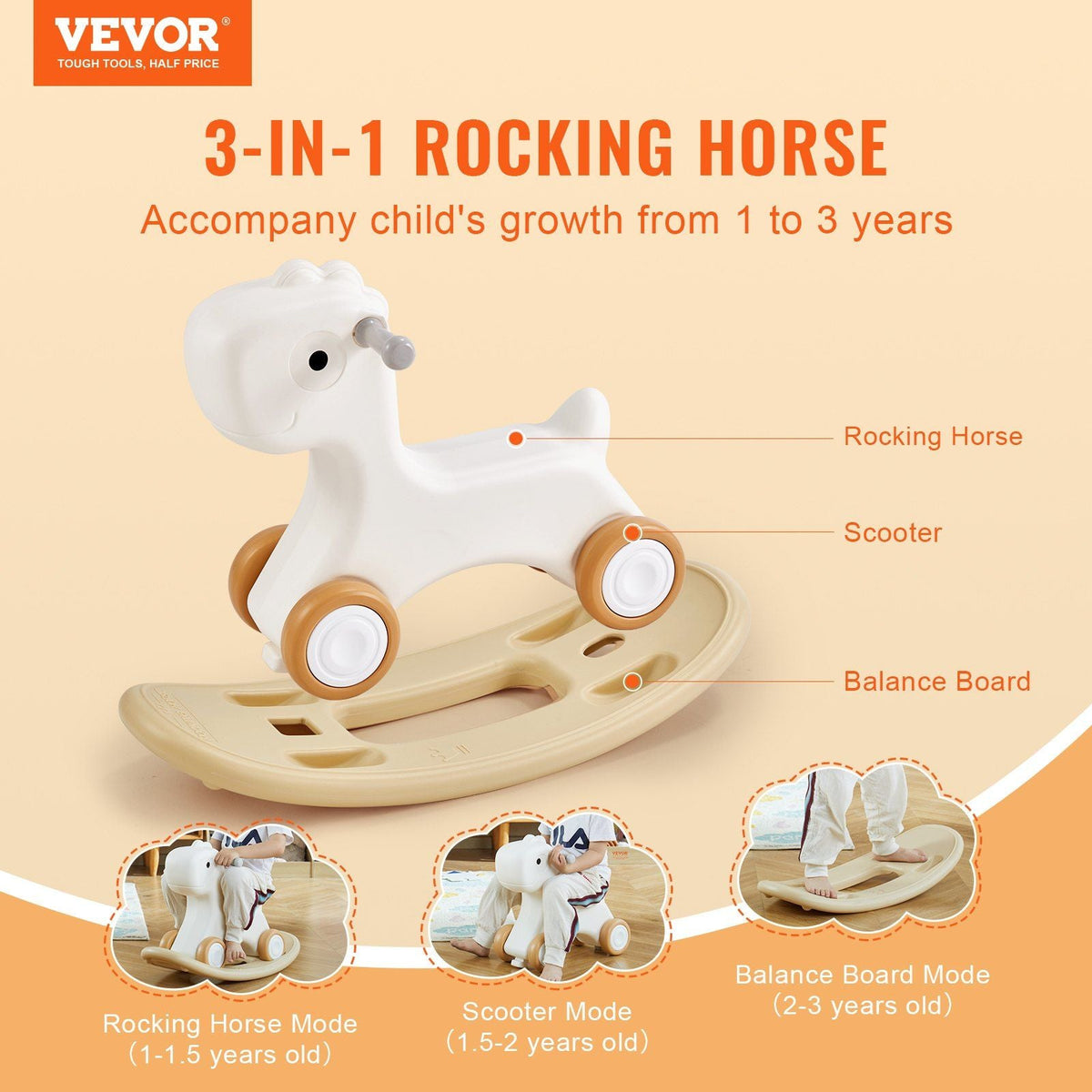 3 in 1 Rocking Horse for Toddlers 1-3 Years, Baby Rocking Horse with Detachable Balance Board and 4 Smooth Wheels, Support up to HDPE Material 80 lbs Kids Ride on Toy, 40° Swinging, White