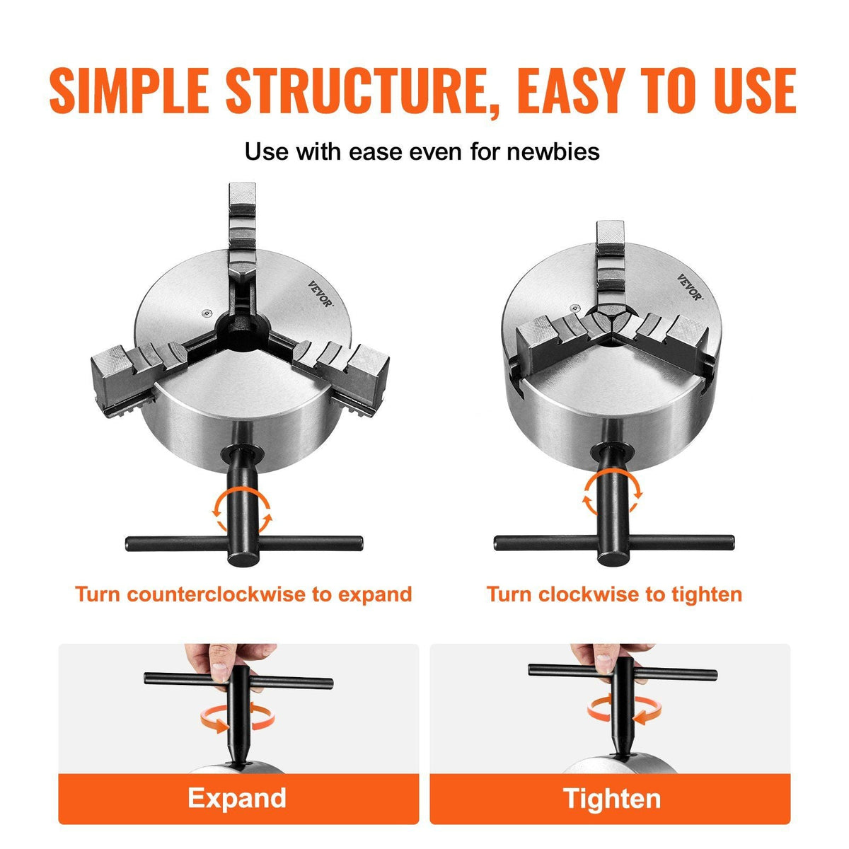 3-Jaw Lathe Chuck, 5'', Self-Centering Lathe Chuck, 0.1-5 in/2.5 -125 mm Clamping Range with T-key Fixing Screws Reversible Jaws, for Lathe 3D Printer Machining Center Milling Drilling Machine